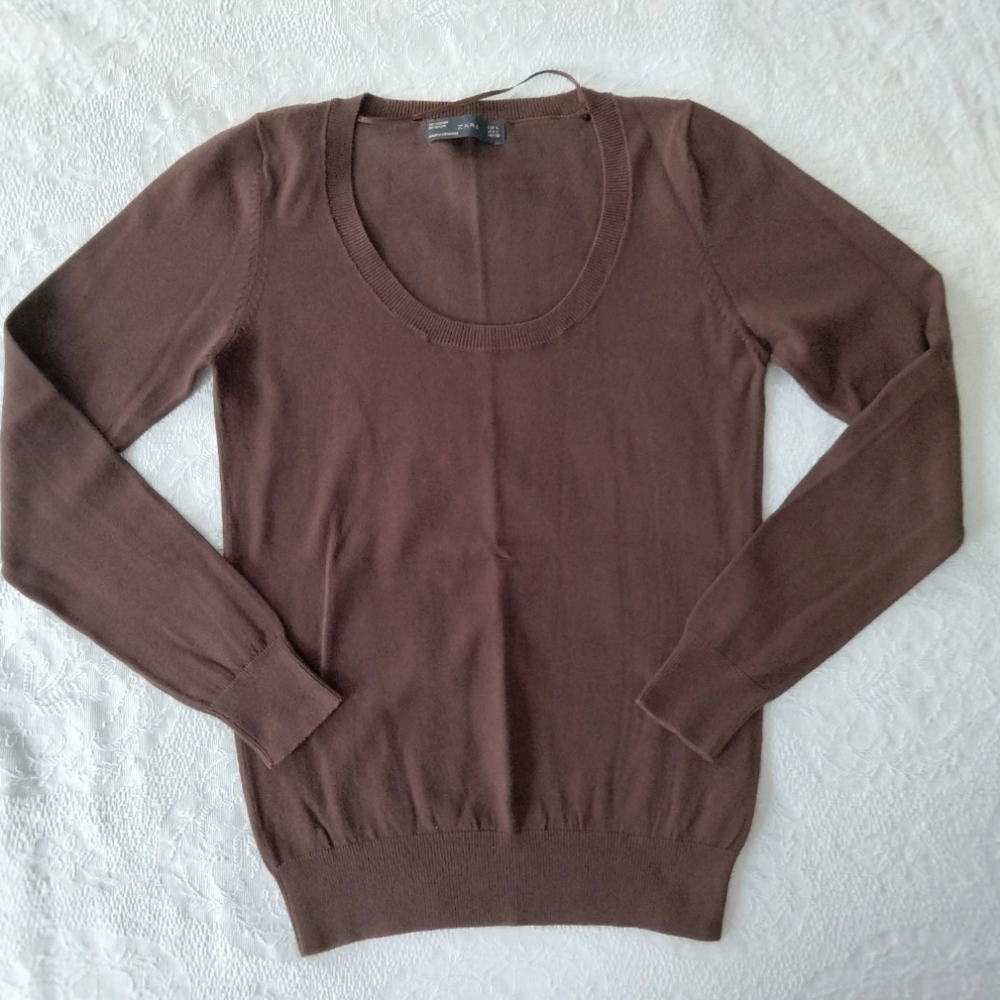 Zara Basic Knit Sweater Scoop Neck Women's Size L Long Sleeve Brown Pullover